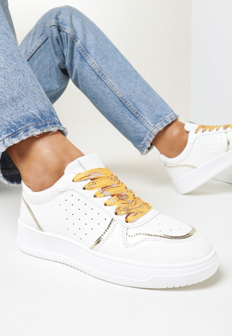  Sneakers Alb-Auriu cu Inserții Strălucitoare și Șireturi Decorative Horustia