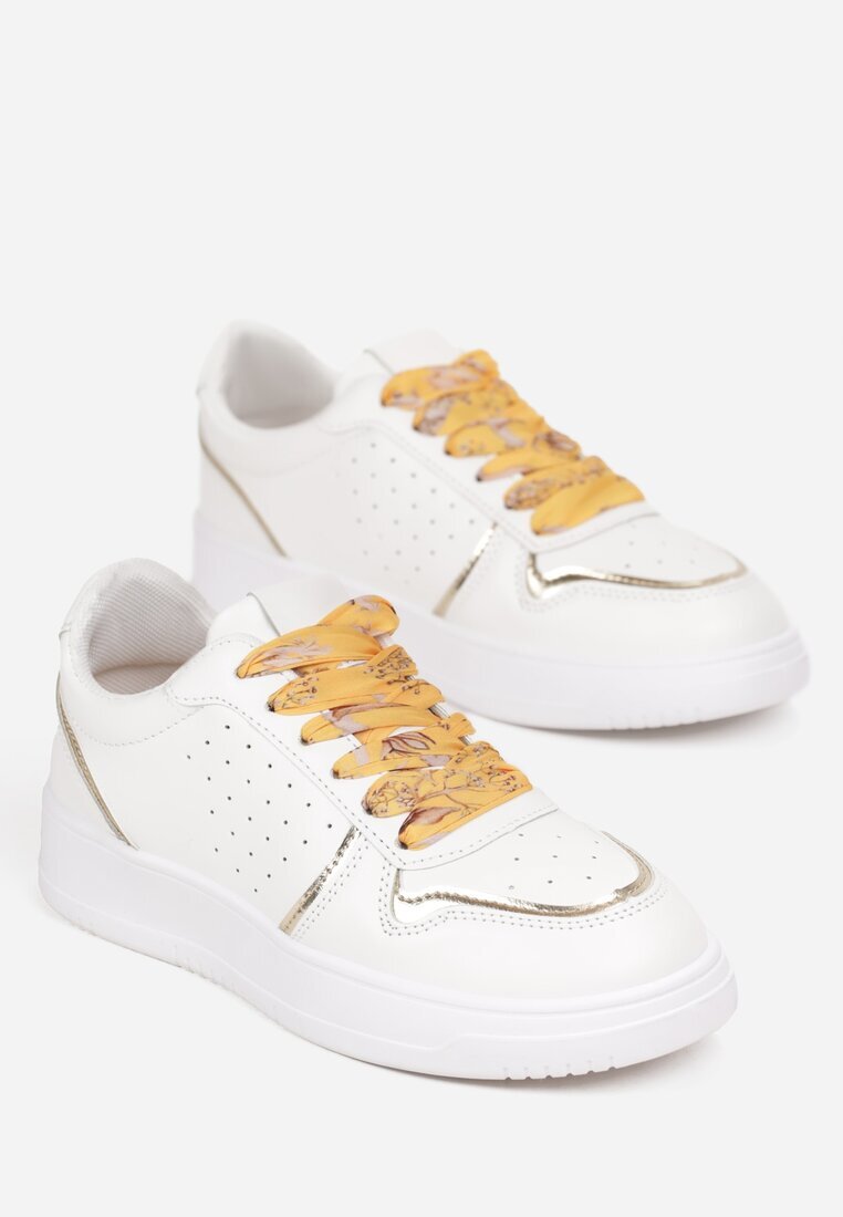  Sneakers Alb-Auriu cu Inserții Strălucitoare și Șireturi Decorative Horustia