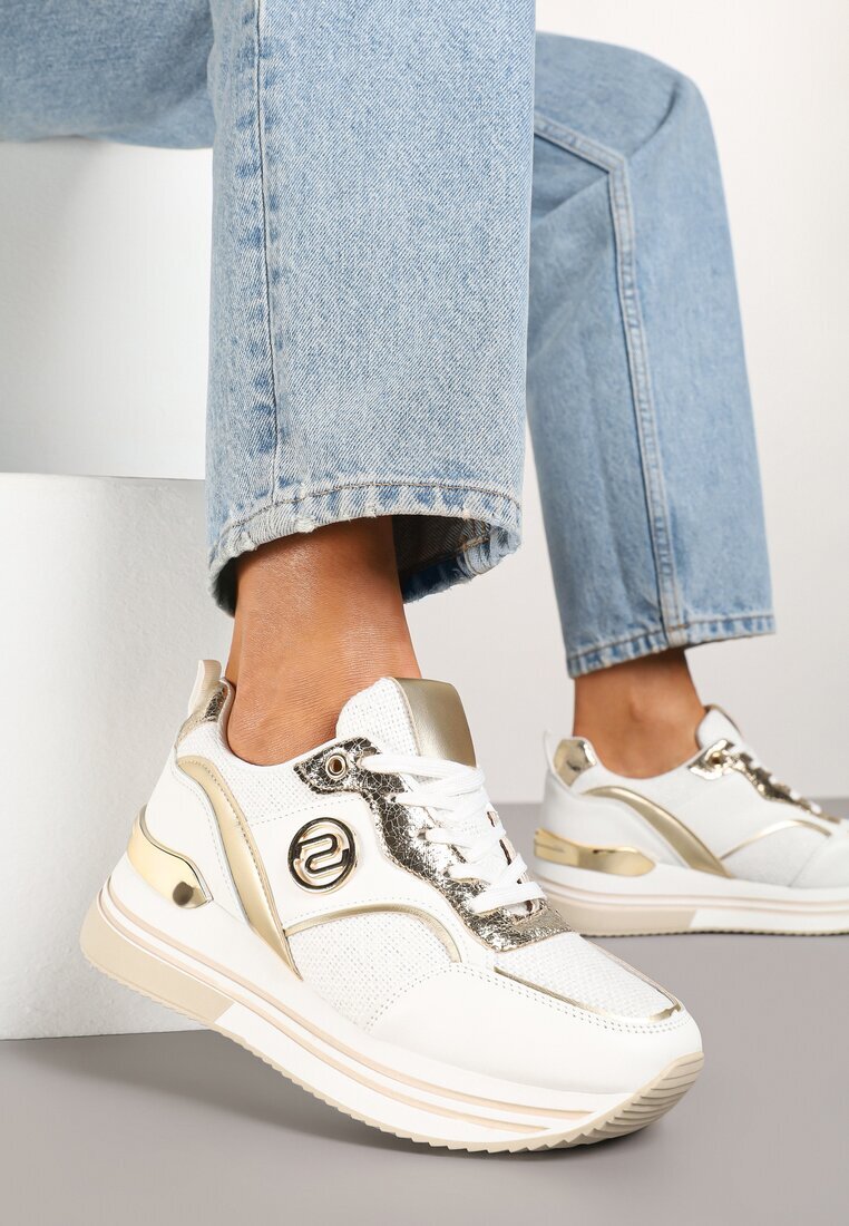  Sneakers Alb-Auriu cu Talpă Groasă cu Inserții Metalice Gonnith
