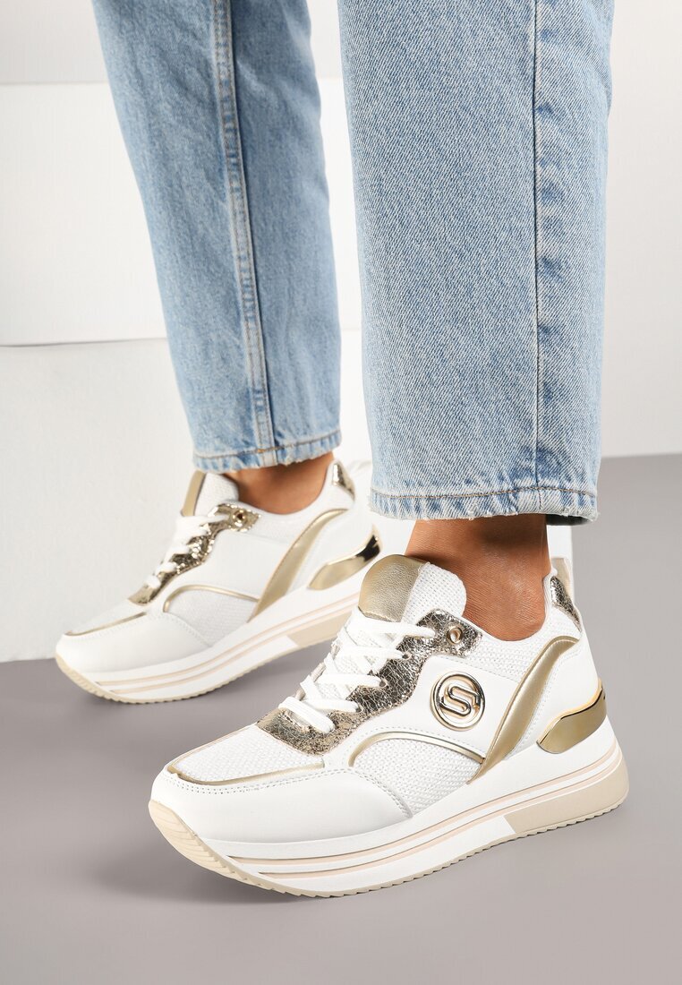  Sneakers Alb-Auriu cu Talpă Groasă cu Inserții Metalice Gonnith