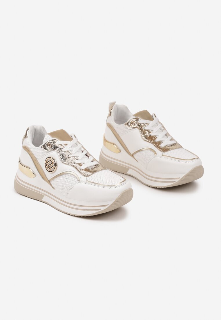  Sneakers Alb-Auriu cu Talpă Groasă cu Inserții Metalice Gonnith