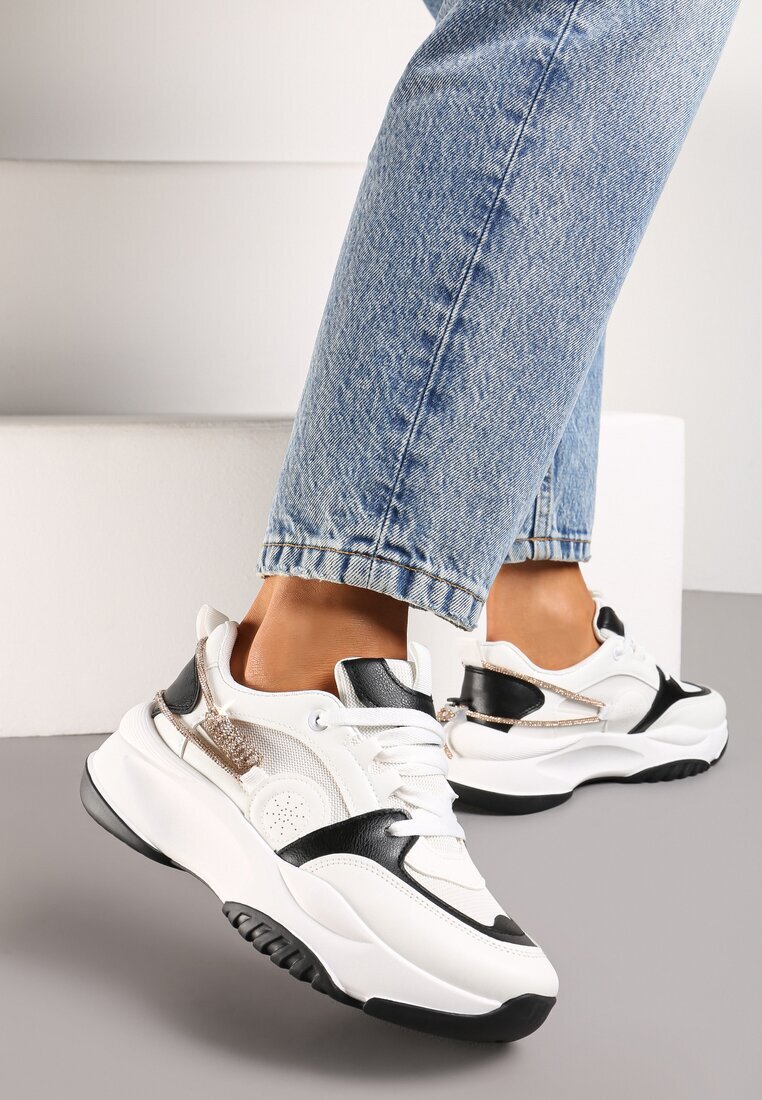  Sneakers alb-negru cu șnur decorativ și cu zirconii Junilo