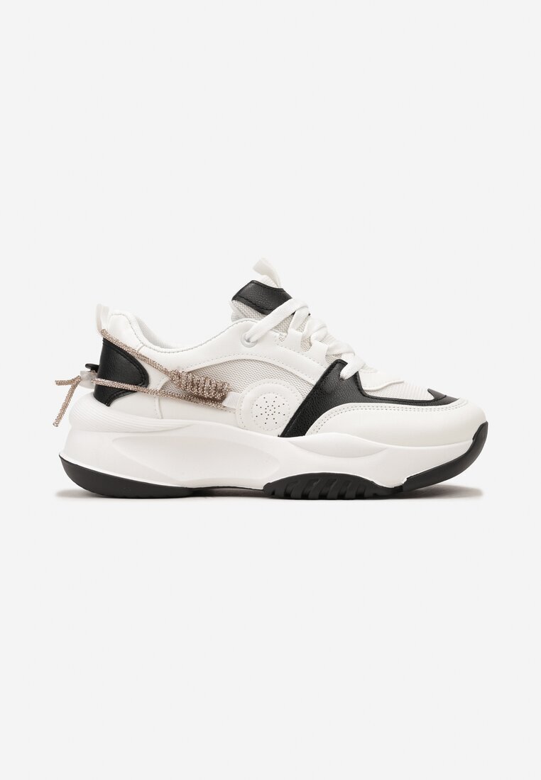  Sneakers alb-negru cu șnur decorativ și cu zirconii Junilo