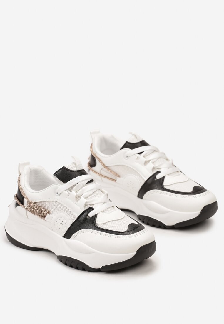  Sneakers alb-negru cu șnur decorativ și cu zirconii Junilo