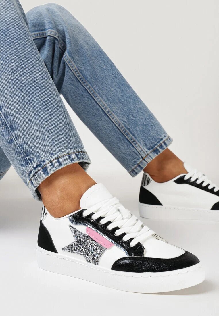  Sneakers Alb-Negru cu Stea Sclipitoare Tileva