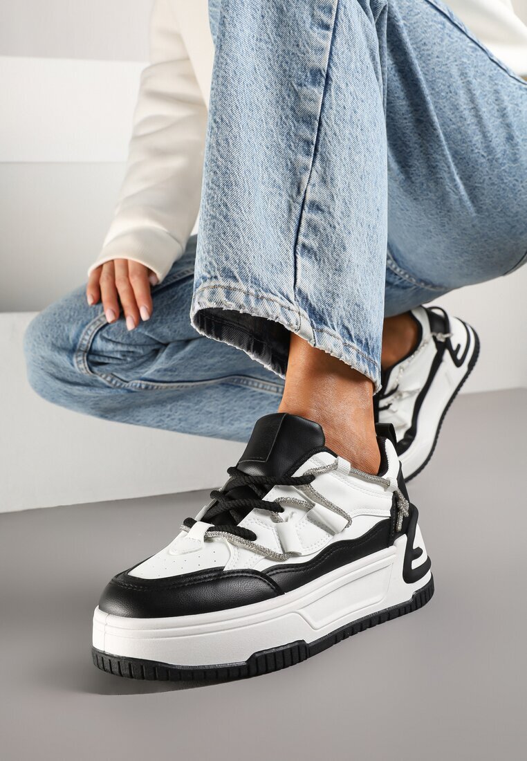  Sneakers Alb-Negru cu Talpă Groasă Împodobiți cu Zirconii Neothra