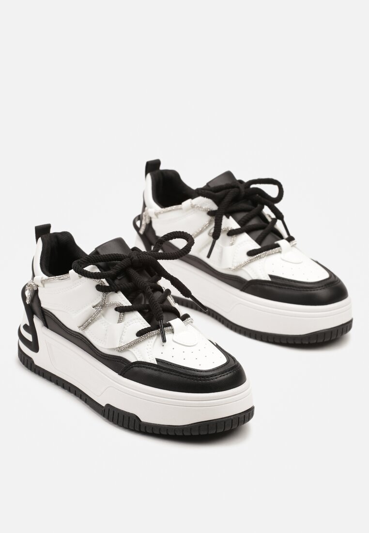  Sneakers Alb-Negru cu Talpă Groasă Împodobiți cu Zirconii Neothra