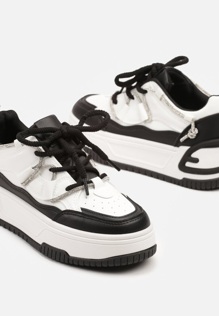  Sneakers Alb-Negru cu Talpă Groasă Împodobiți cu Zirconii Neothra