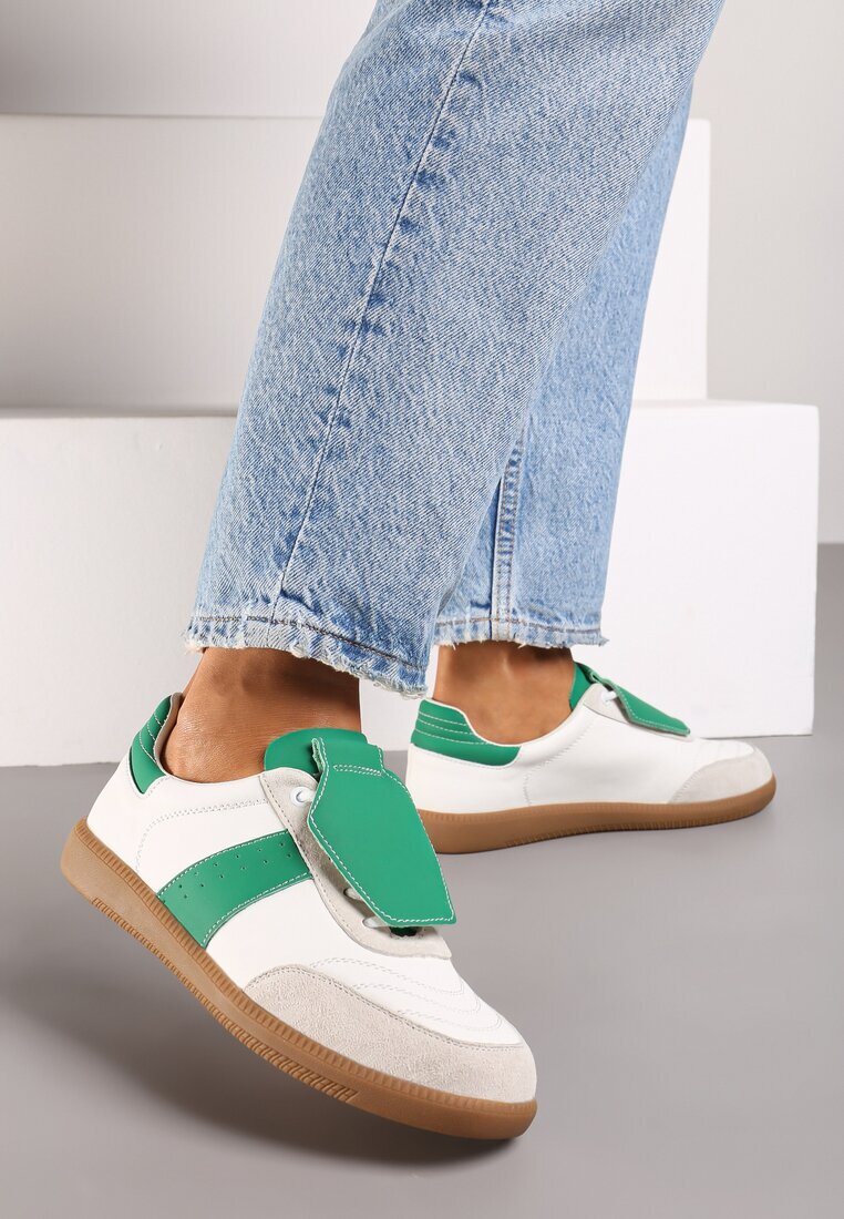  Sneakers Alb-Verde Plati din Piele cu Inserție Decorativă din Piele Întoarsă Milivia