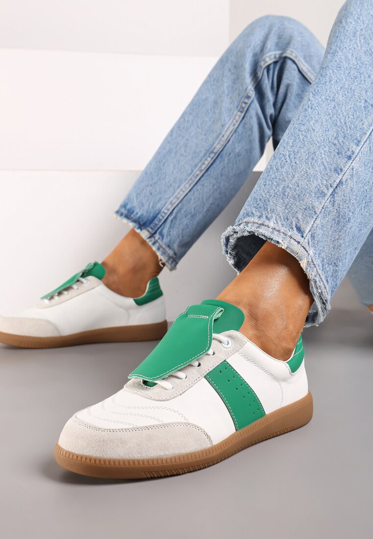  Sneakers Alb-Verde Plati din Piele cu Inserție Decorativă din Piele Întoarsă Milivia