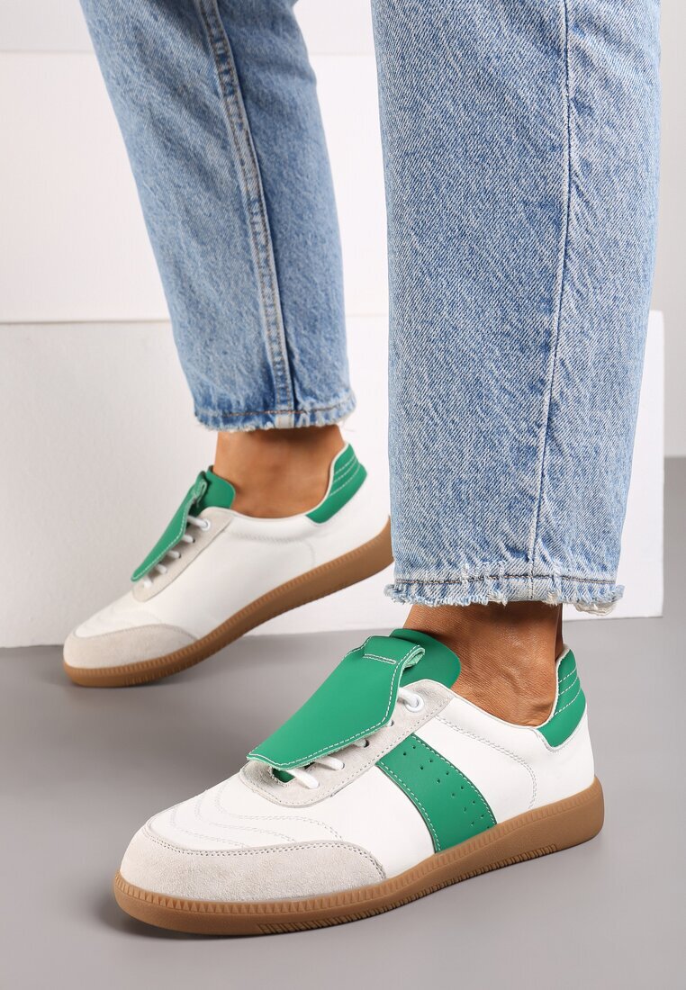  Sneakers Alb-Verde Plati din Piele cu Inserție Decorativă din Piele Întoarsă Milivia