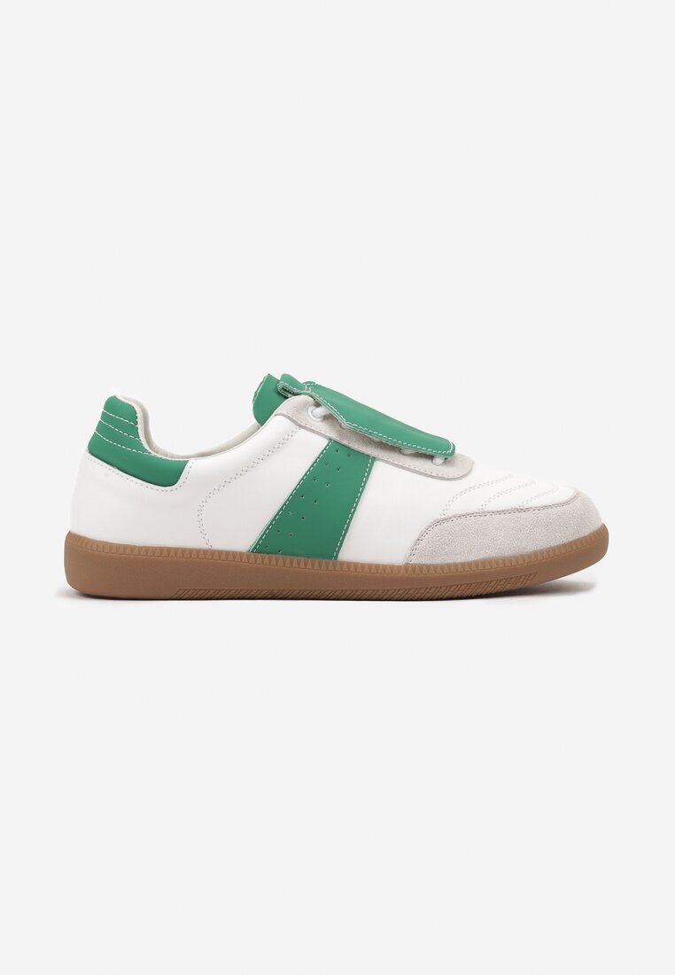  Sneakers Alb-Verde Plati din Piele cu Inserție Decorativă din Piele Întoarsă Milivia