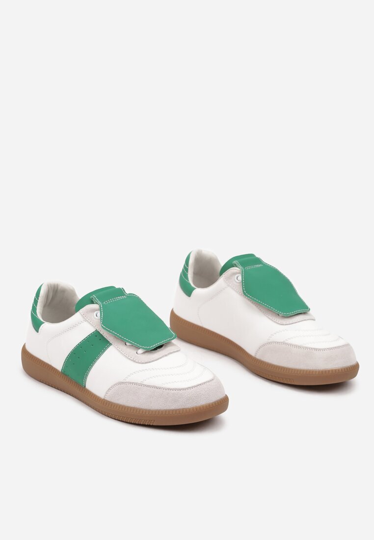  Sneakers Alb-Verde Plati din Piele cu Inserție Decorativă din Piele Întoarsă Milivia