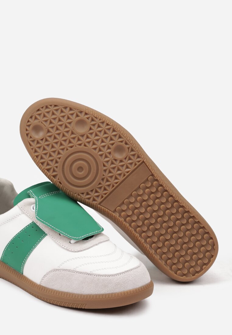  Sneakers Alb-Verde Plati din Piele cu Inserție Decorativă din Piele Întoarsă Milivia