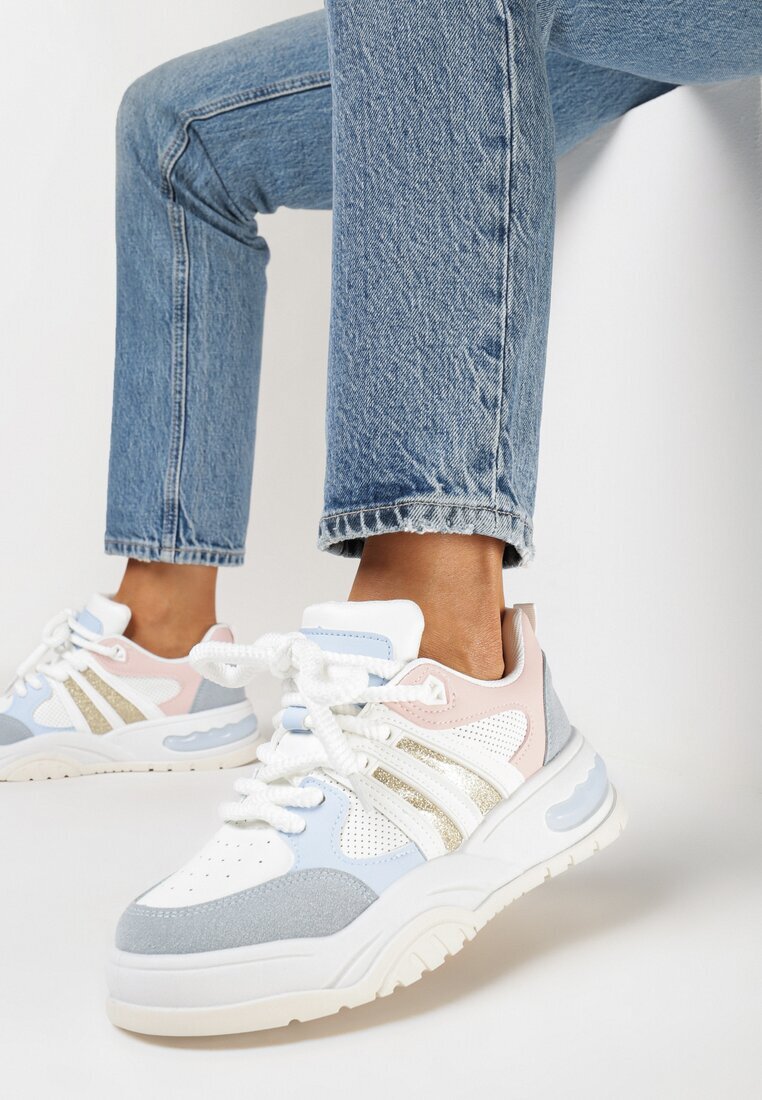  Sneakers Albe-Albastre cu Sclipici și Perforații Kimelle