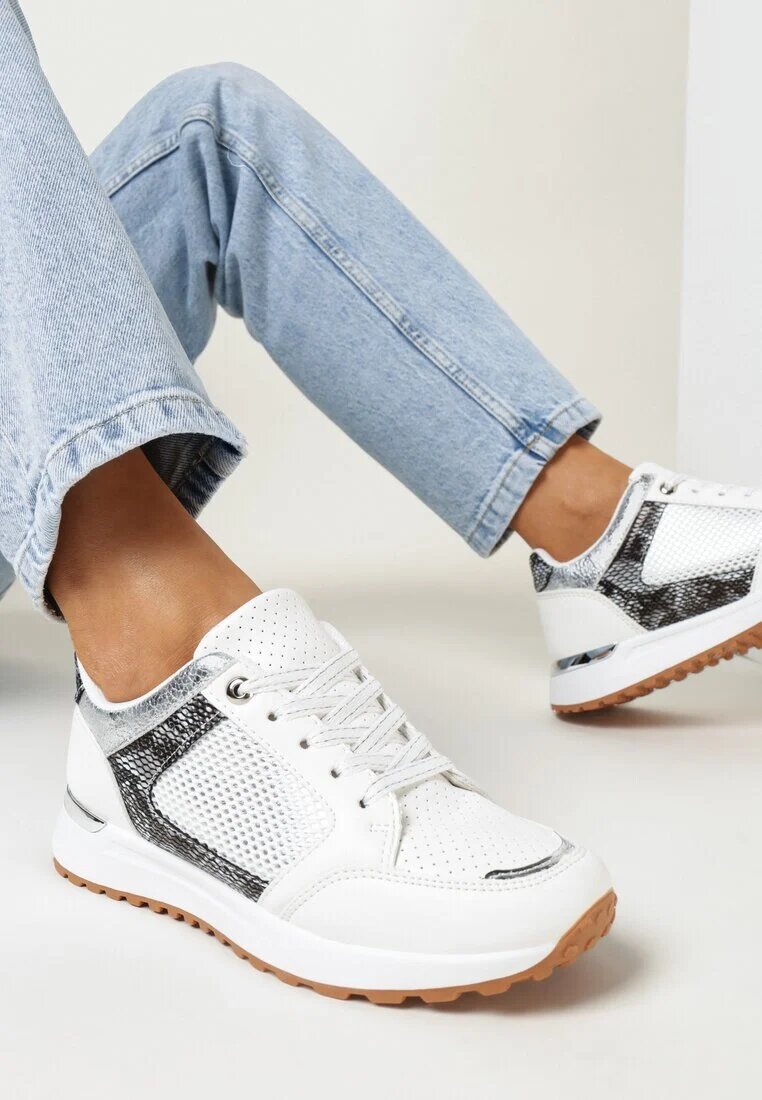  Sneakers Albi cu Bandă Decorativă pe Carâmb Vilani