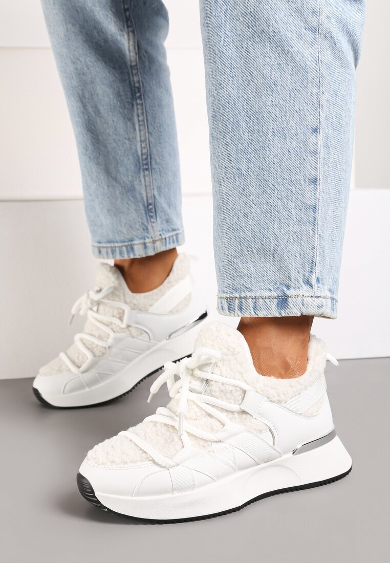  Sneakers Albi cu Blăniță tip Miel cu Talpă Groasă Zinithara