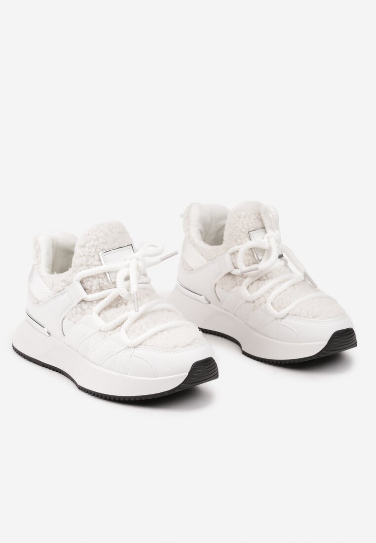  Sneakers Albi cu Blăniță tip Miel cu Talpă Groasă Zinithara