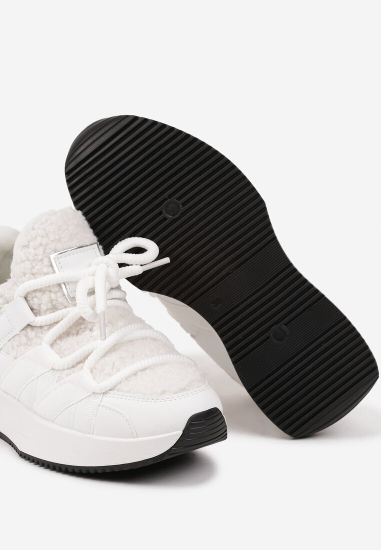  Sneakers Albi cu Blăniță tip Miel cu Talpă Groasă Zinithara