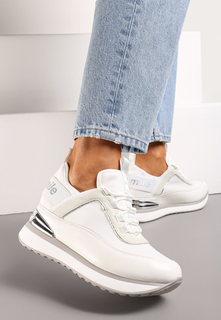  Sneakers Albi cu platformă ascunsă placă metalică și inscripție Yenavra