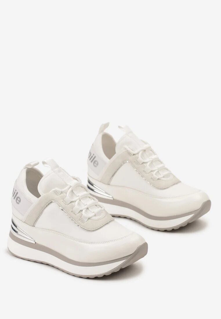  Sneakers Albi cu platformă ascunsă placă metalică și inscripție Yenavra
