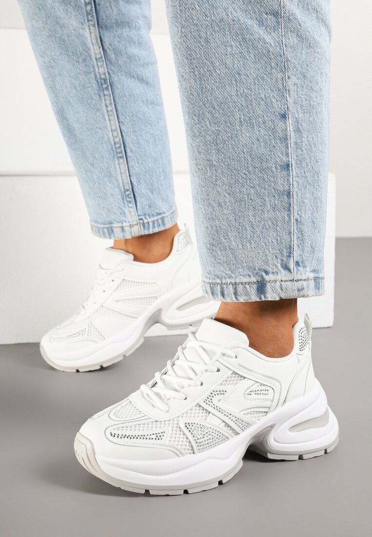  Sneakers Albi pe Talpă din Spumă Decorați cu Zirconii Raviel