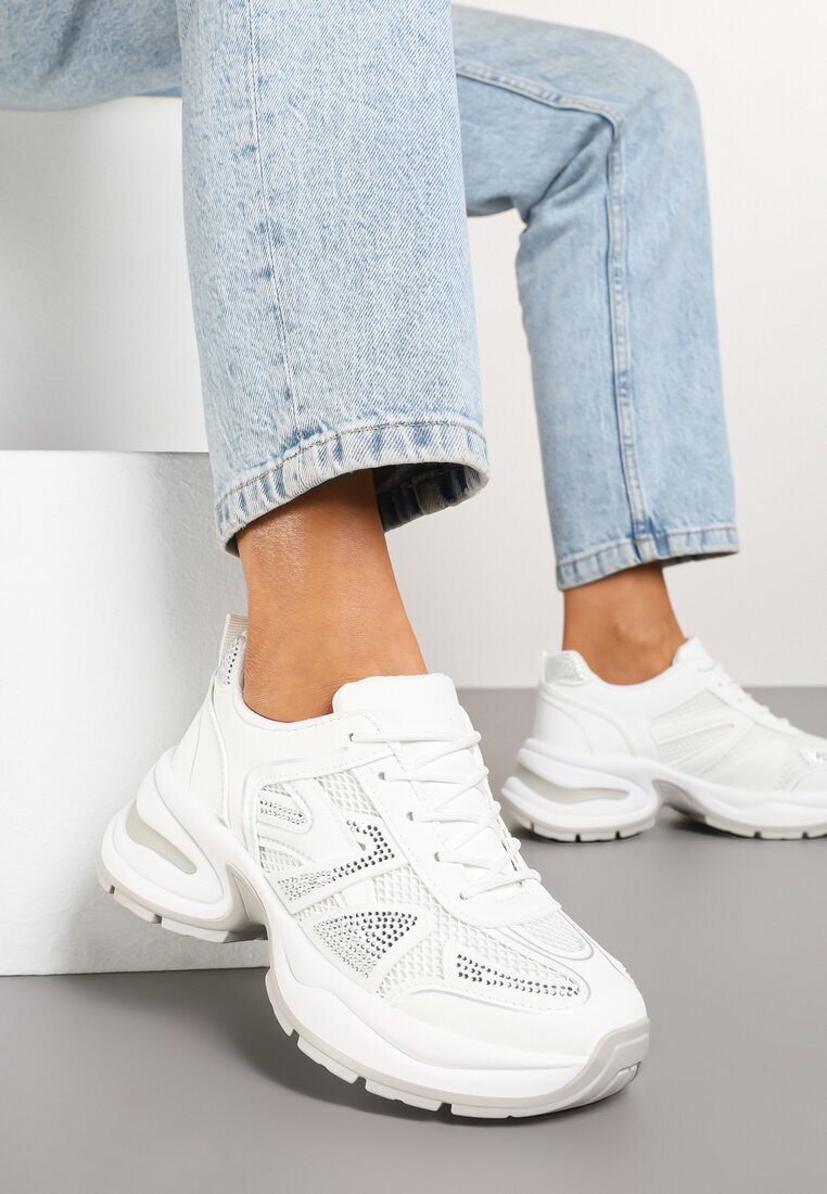  Sneakers Albi pe Talpă din Spumă Decorați cu Zirconii Raviel