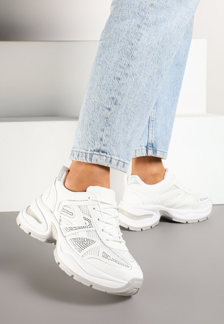  Sneakers Albi pe Talpă din Spumă Decorați cu Zirconii Raviel