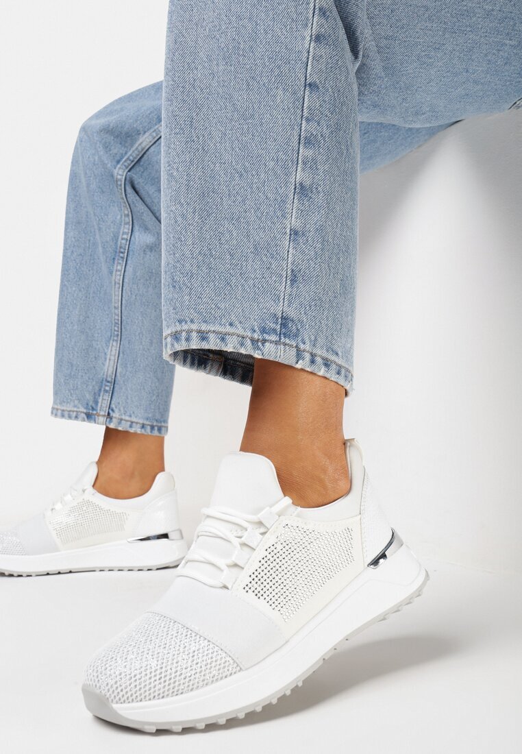  Sneakers argintii cu talpă groasă cu zirconii și sclipici și plasă Amarila
