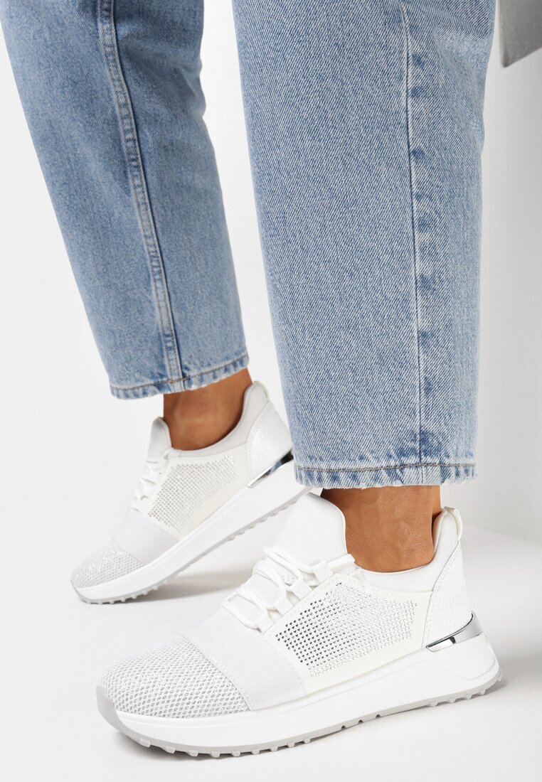  Sneakers argintii cu talpă groasă cu zirconii și sclipici și plasă Amarila