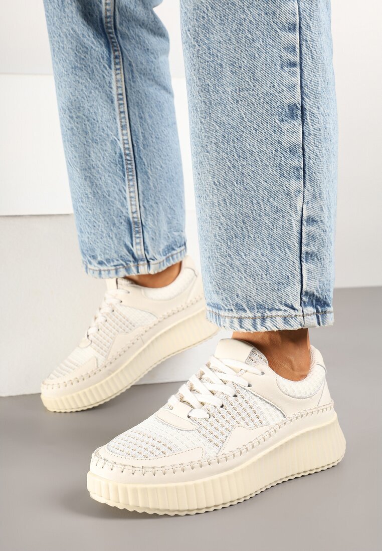  Sneakers Bej cu Cusături Decorative și Brant din Piele pe Platformă Caliora