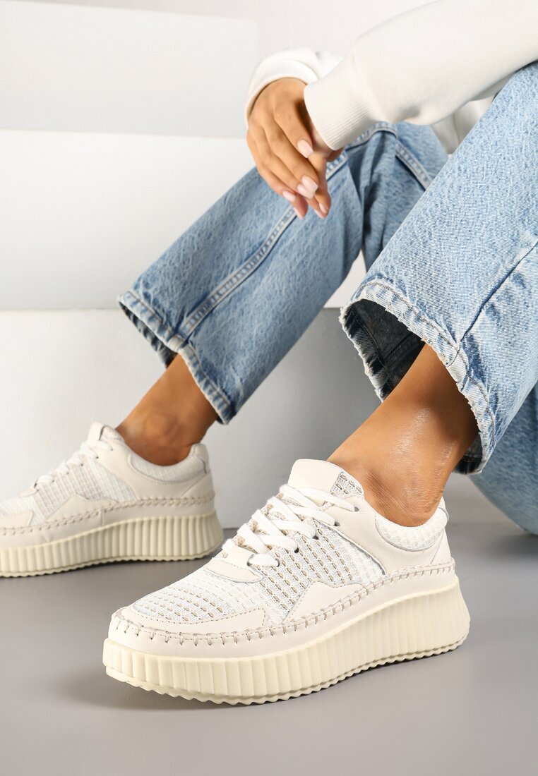  Sneakers Bej cu Cusături Decorative și Brant din Piele pe Platformă Caliora