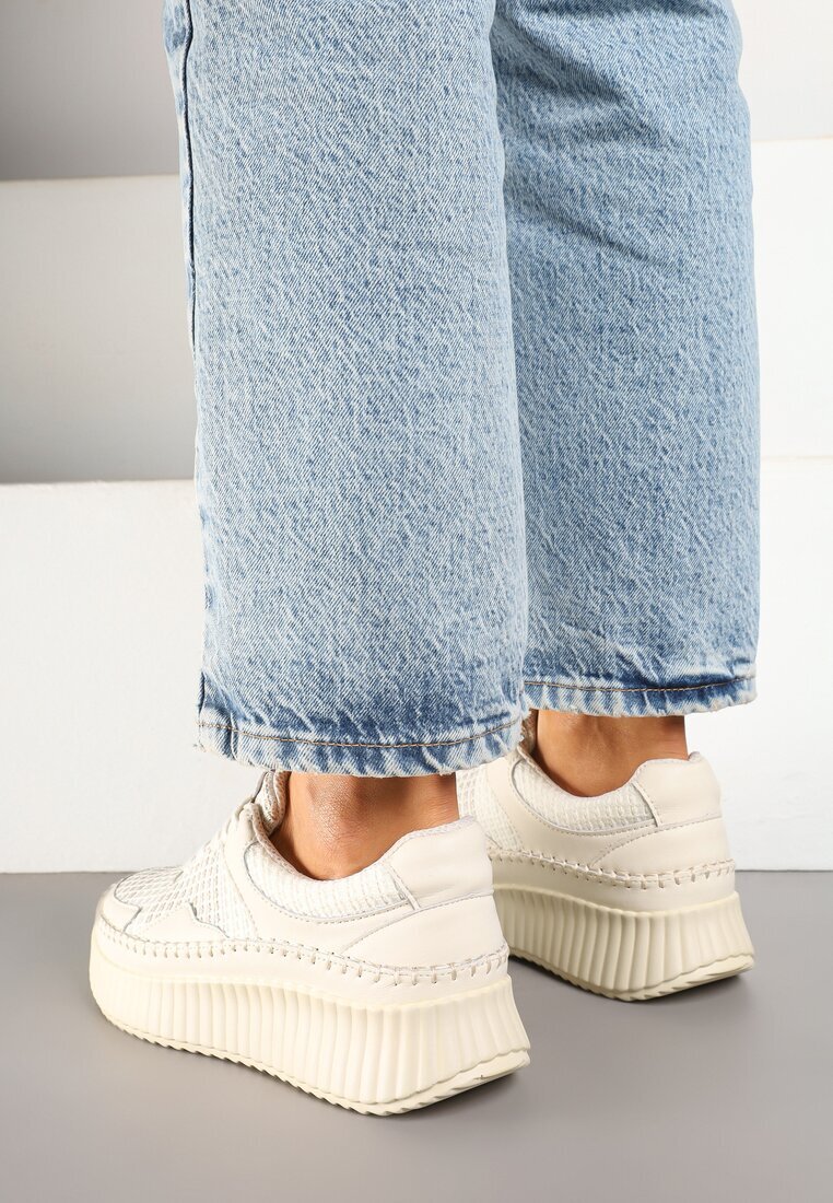  Sneakers Bej cu Cusături Decorative și Brant din Piele pe Platformă Caliora