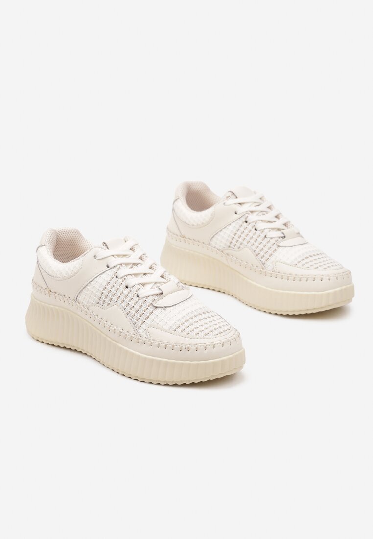  Sneakers Bej cu Cusături Decorative și Brant din Piele pe Platformă Caliora