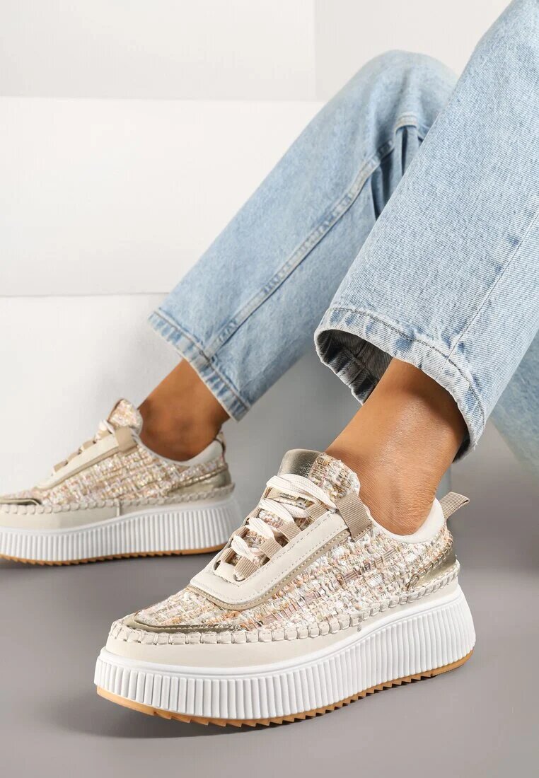  Sneakers Bej închis cu Talpă Groasă Decorate cu Tweed și Cusături Ulamoriela