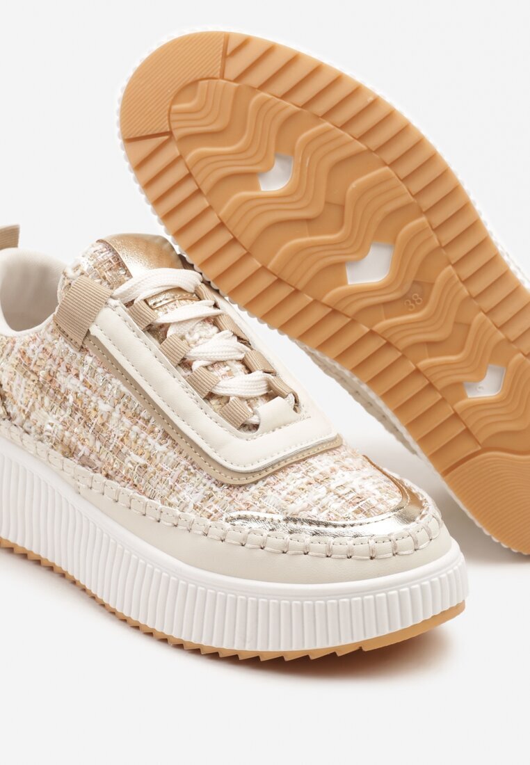  Sneakers Bej închis cu Talpă Groasă Decorate cu Tweed și Cusături Ulamoriela