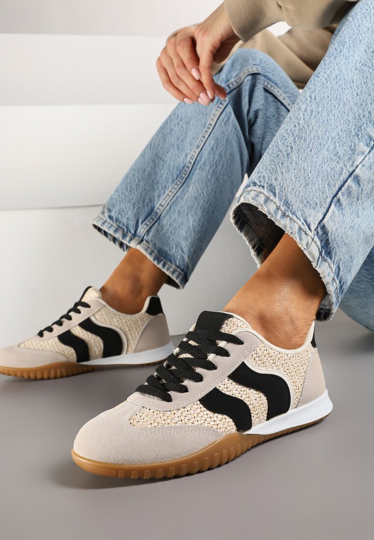  Sneakers Bej-Negru Decorați cu împletitură de rafie Wiloria