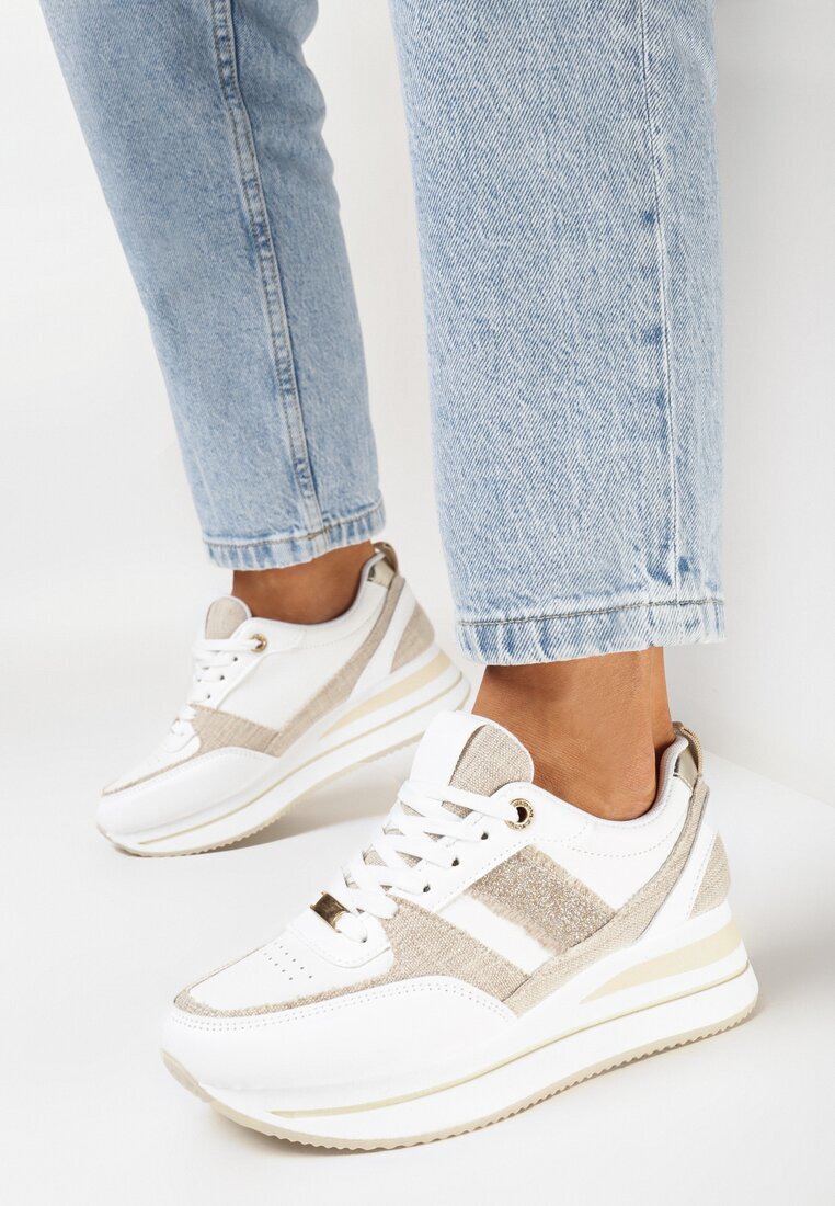  Sneakers Bej pe talpă groasă cu inserții din material și sclipici Omifa