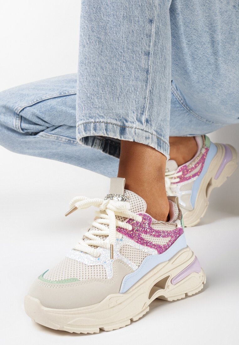  Sneakers Bej-Roz cu Talpă Groasă cu Inserții cu Sclipici și Zirconii Wirnessa