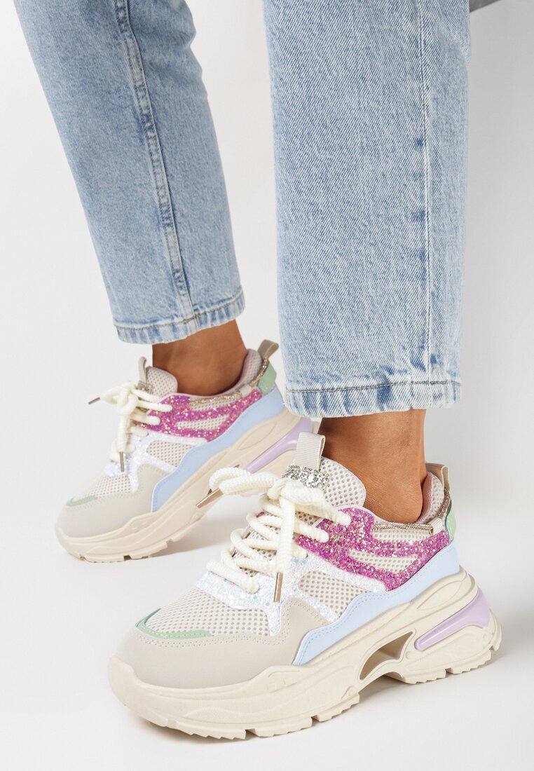  Sneakers Bej-Roz cu Talpă Groasă cu Inserții cu Sclipici și Zirconii Wirnessa