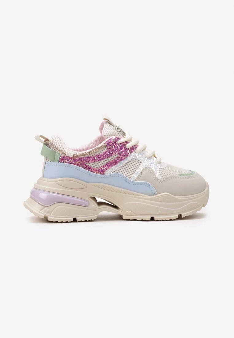  Sneakers Bej-Roz cu Talpă Groasă cu Inserții cu Sclipici și Zirconii Wirnessa