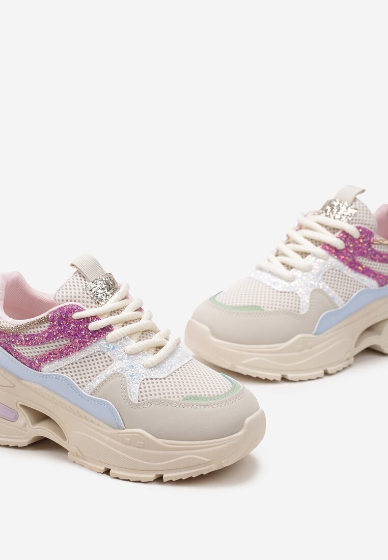  Sneakers Bej-Roz cu Talpă Groasă cu Inserții cu Sclipici și Zirconii Wirnessa