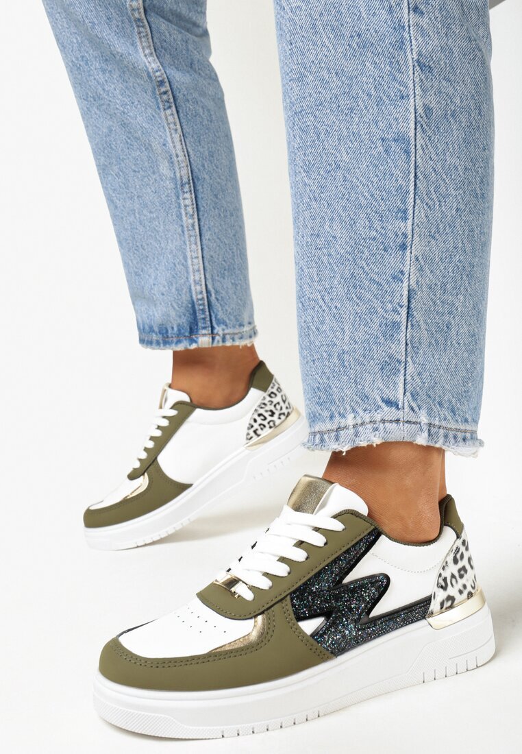  Sneakers Cu șireturi Alb-Verzi cu Talpă Plată cu Inserții Metalice și cu Sclipici Mebassa