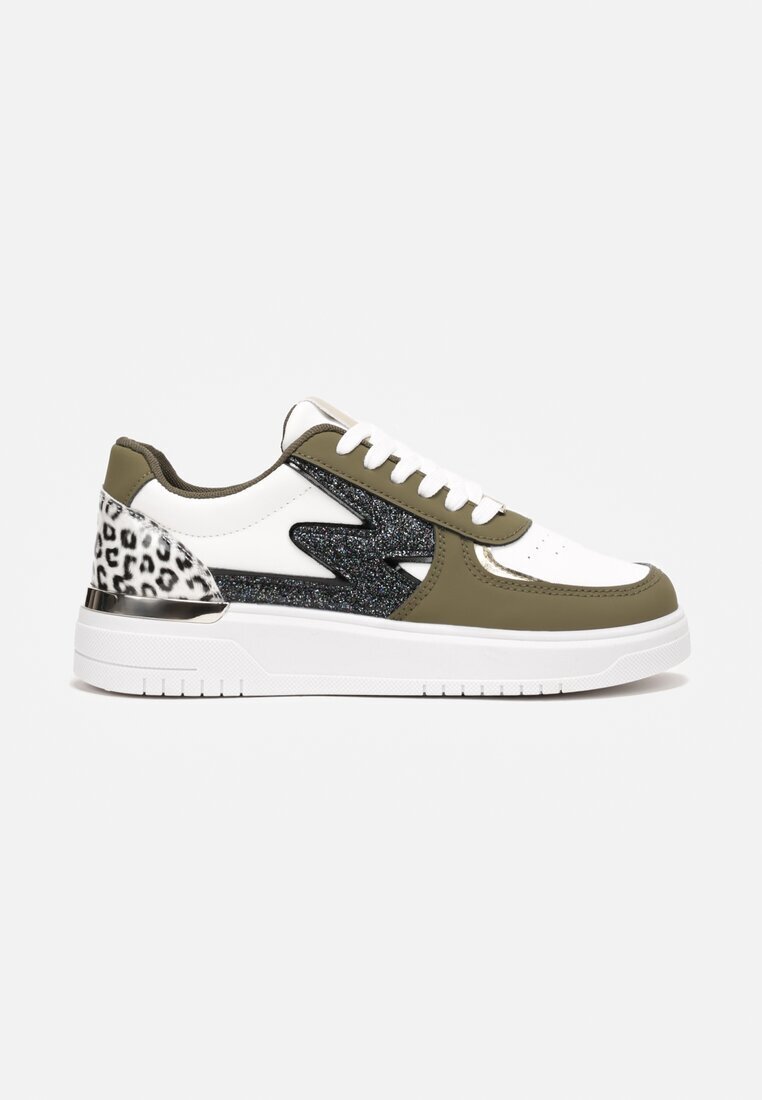  Sneakers Cu șireturi Alb-Verzi cu Talpă Plată cu Inserții Metalice și cu Sclipici Mebassa