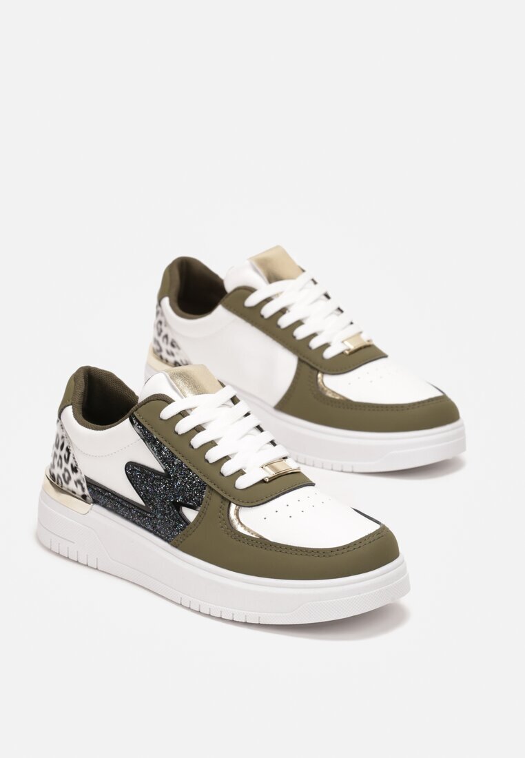  Sneakers Cu șireturi Alb-Verzi cu Talpă Plată cu Inserții Metalice și cu Sclipici Mebassa