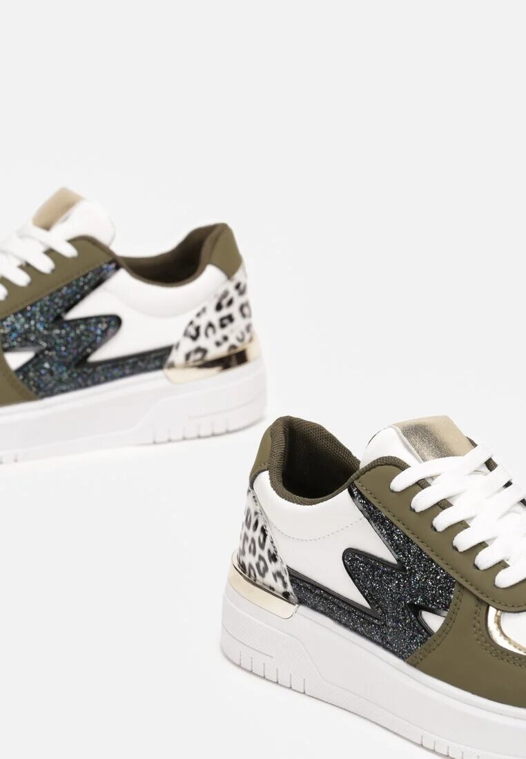  Sneakers Cu șireturi Alb-Verzi cu Talpă Plată cu Inserții Metalice și cu Sclipici Mebassa