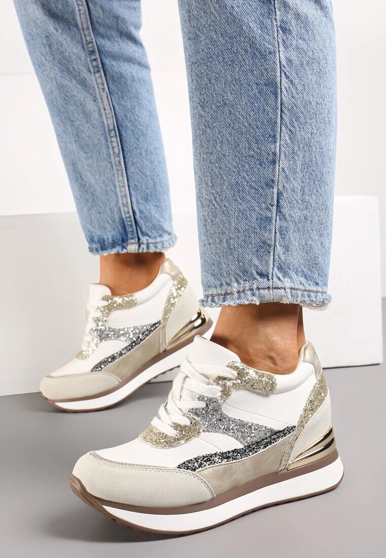  Sneakers Gri-Aurii pe Pană Ascunsă decorați cu Sclipici Yavina