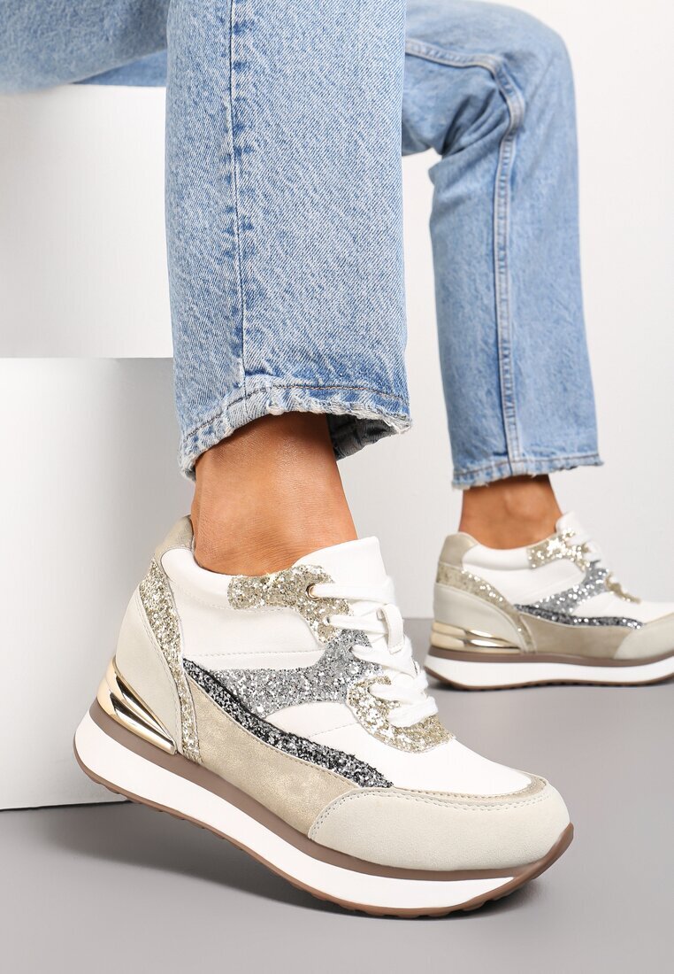  Sneakers Gri-Aurii pe Pană Ascunsă decorați cu Sclipici Yavina