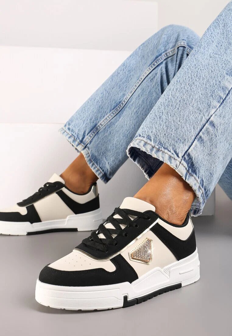  Sneakers Negre cu Talpă Groasă cu Decor Geometric și Zirconii Rexilora