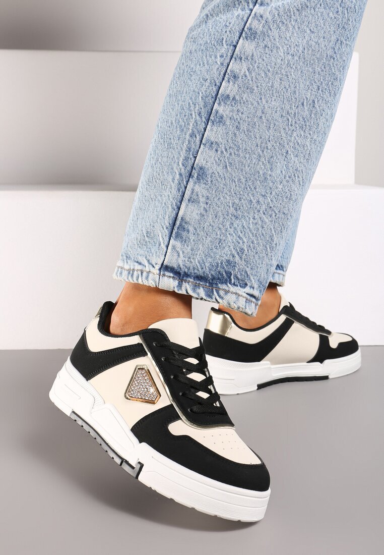  Sneakers Negre cu Talpă Groasă cu Decor Geometric și Zirconii Rexilora